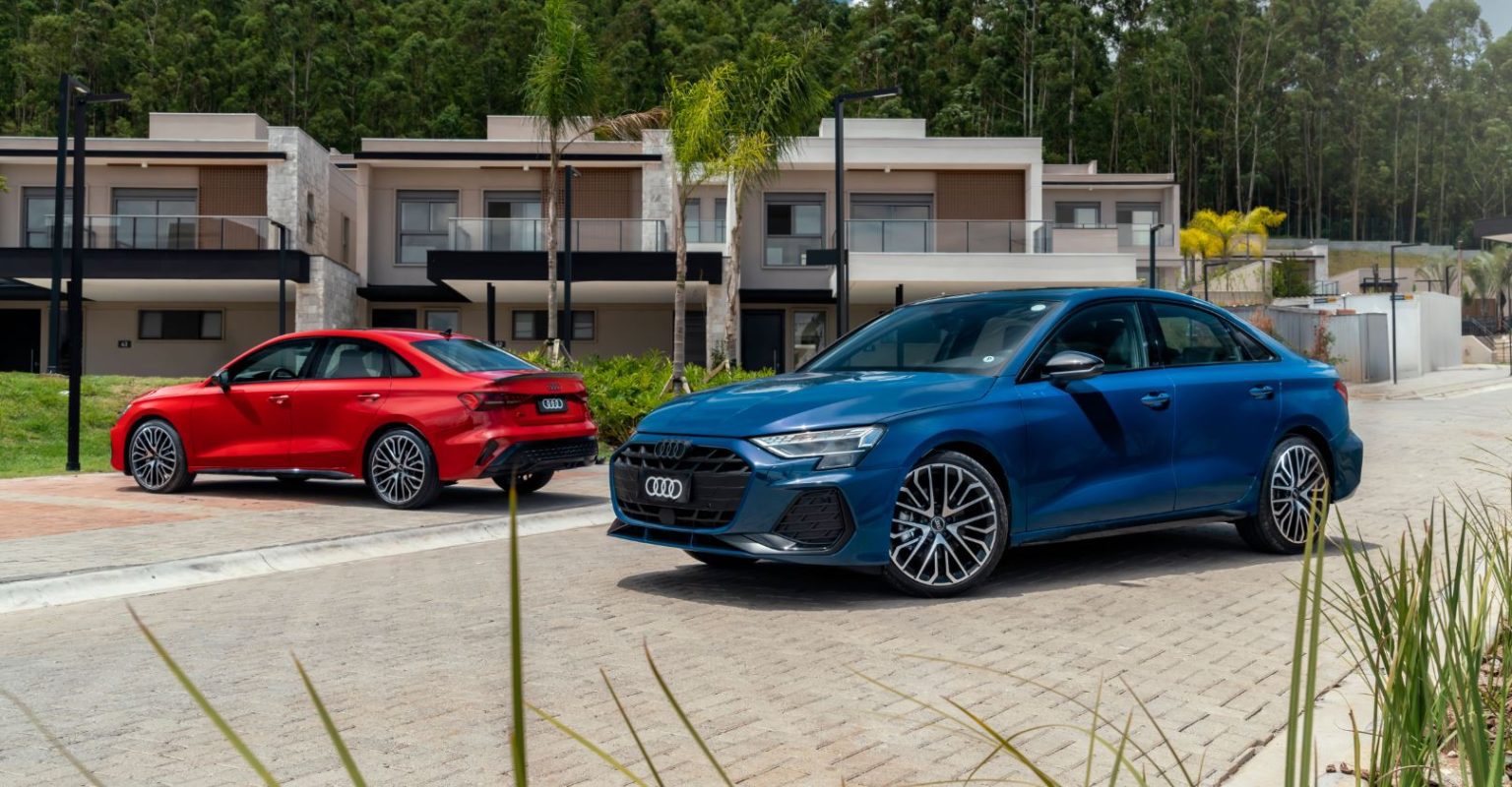 Audi A3 2025 sedan azul e vermelho