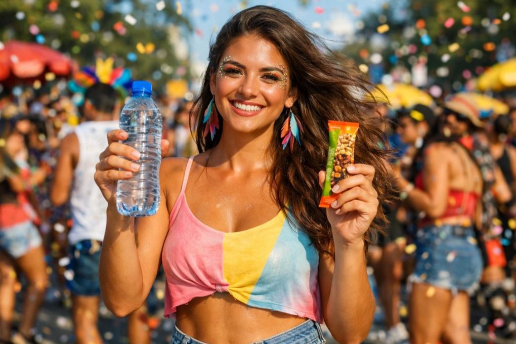 Mulher fantasiada no Carnaval segura uma garrafa de água e uma barra de cereal em meio a bloco de rua, destacando hidratação e alimentação saudável.