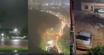 Imagem noturna mostra ruas alagadas e deslizamento de terra em Juiz de Fora (MG), com lama cobrindo via e veículo atingido após forte temporal.