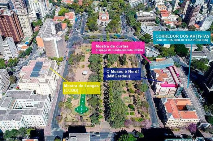 Vista aérea da Praça da Liberdade, em Belo Horizonte, destacando os espaços que recebem a programação da 8ª CDQCON, com sinalização para corredor de artistas, mostras de animação, Museu é Nerd e sessões no CCBB. Foto: Divulgação.