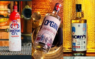 Montagem com três garrafas de gin premium da Don Luchesi Distillery, premiadas internacionalmente, em cenário sofisticado.