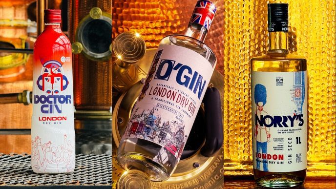 Montagem com três garrafas de gin premium da Don Luchesi Distillery, premiadas internacionalmente, em cenário sofisticado.