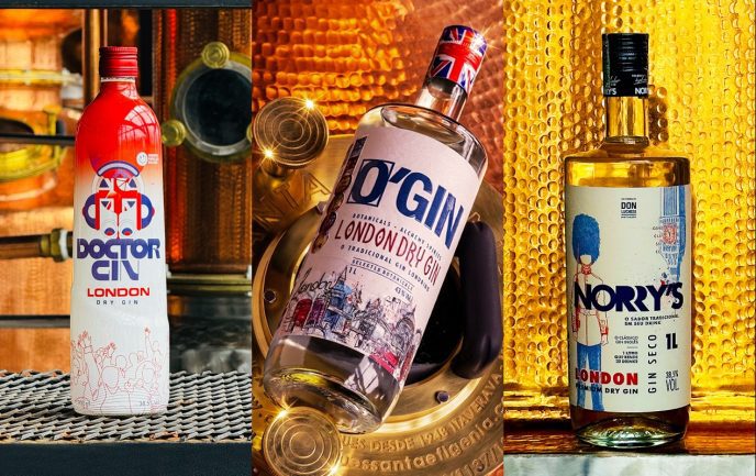 Montagem com três garrafas de gin premium da Don Luchesi Distillery, premiadas internacionalmente, em cenário sofisticado.