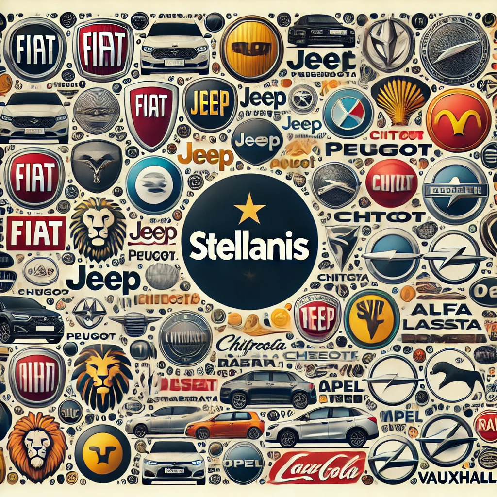 DALL·E 2024 12 23 20.15.55 Uma montagem visual com as logomarcas de todas as marcas do Grupo Stellantis. Inclua as logomarcas conhecidas como Fiat Jeep Peugeot Citroen Chrys