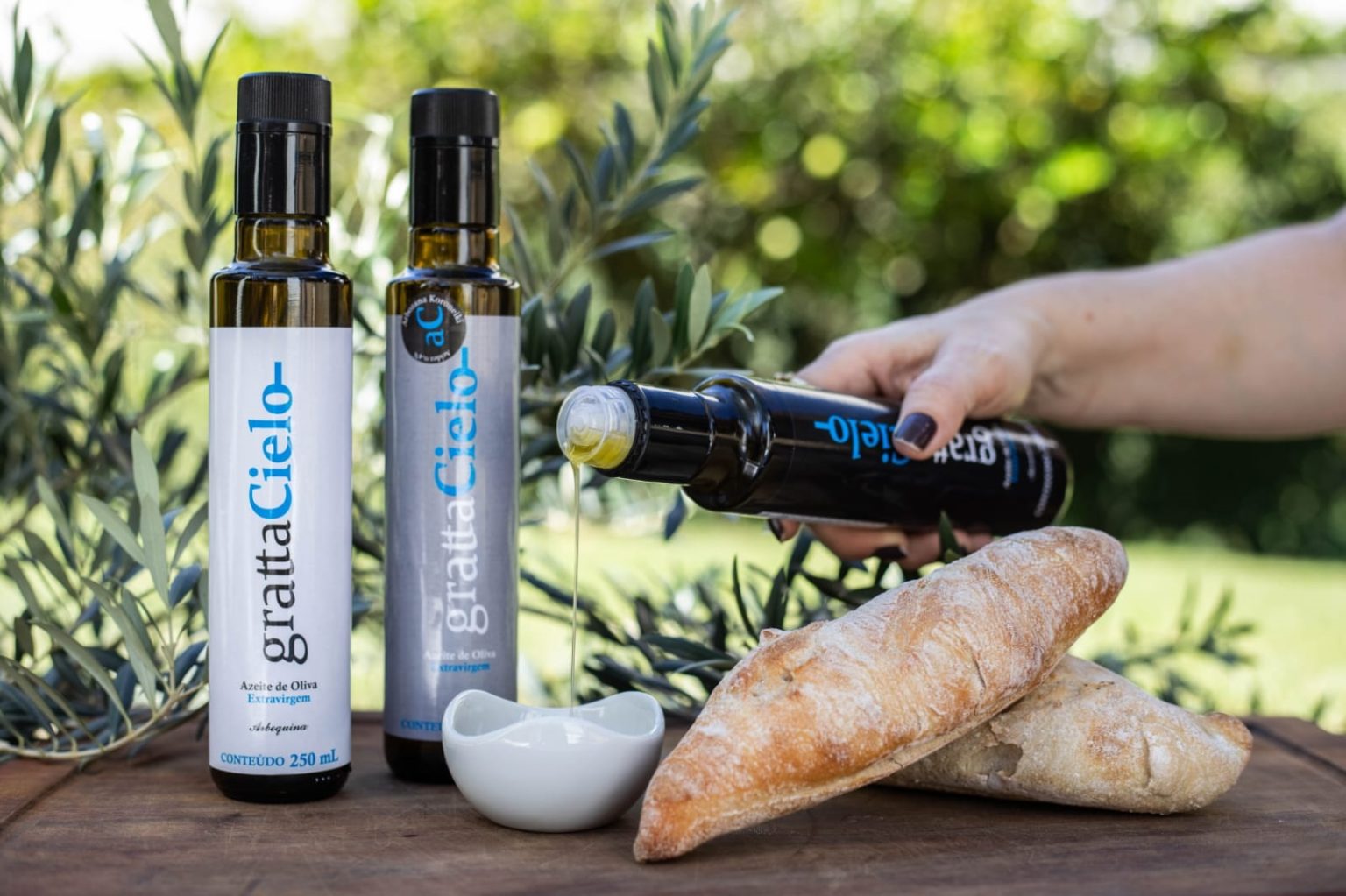 Azeite extravirgem Grattacielo sendo servido em recipiente cerâmico ao lado de pães rústicos, com garrafas expostas em cenário natural e ramos de oliveira ao fundo.
