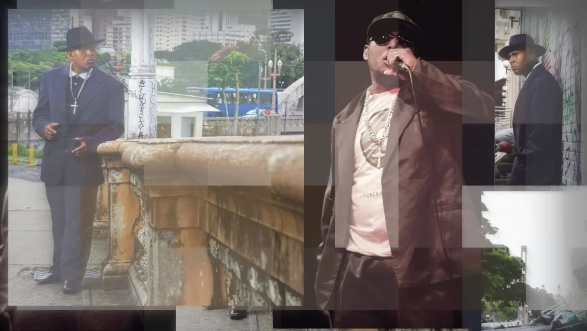 Montagem visual retratando momentos do início da carreira de Black W — à esquerda e à direita, o artista aparece em trajes formais, com chapéu e colar com crucifixo, caminhando por cenários urbanos que evocam o cotidiano das periferias; ao centro, surge empunhando o microfone em uma performance de palco, simbolizando sua ascensão na cena do rap mineiro. A colagem reforça o contraste entre a luta das ruas e a expressão artística como forma de resistência.