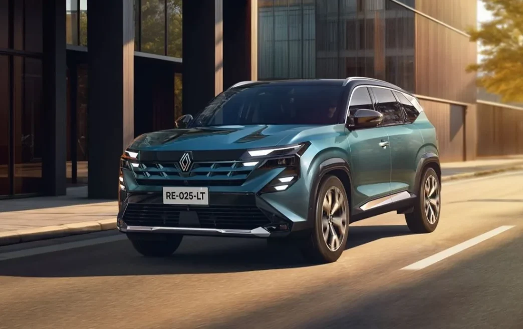 Renault Boreal 2025 em destaque na cidade, SUV médio com design moderno, faróis full-LED em formato de seta, grade frontal estilizada e carroceria azul metálica sob luz natural urbana.