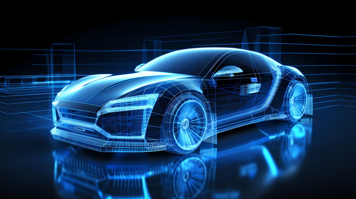 Ilustração digital futurista de um carro esportivo em traçado de fio azul, representando tecnologia avançada e inovação automotiva.