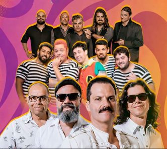 Montagem com integrantes das bandas Cash, Mamonas Replay e Lurex — atrações confirmadas do Festival Rock Folia 2026, em Belo Horizonte. O fundo é colorido em tons de roxo e laranja, com destaque visual para os músicos.