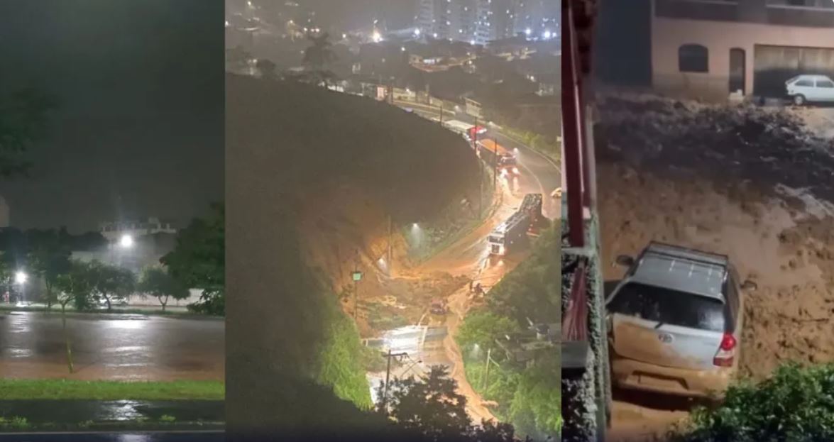 Imagem noturna mostra ruas alagadas e deslizamento de terra em Juiz de Fora (MG), com lama cobrindo via e veículo atingido após forte temporal.