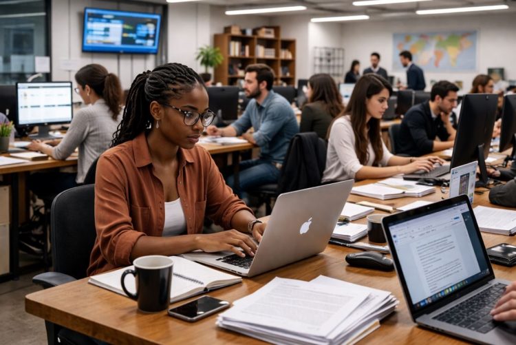 Jornalistas trabalhando na redacao