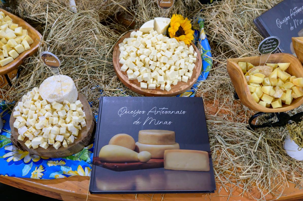 Mesa de exposição com Queijo Minas Artesanal em cubos, peças inteiras, palha decorativa e livro sobre queijos artesanais de Minas.