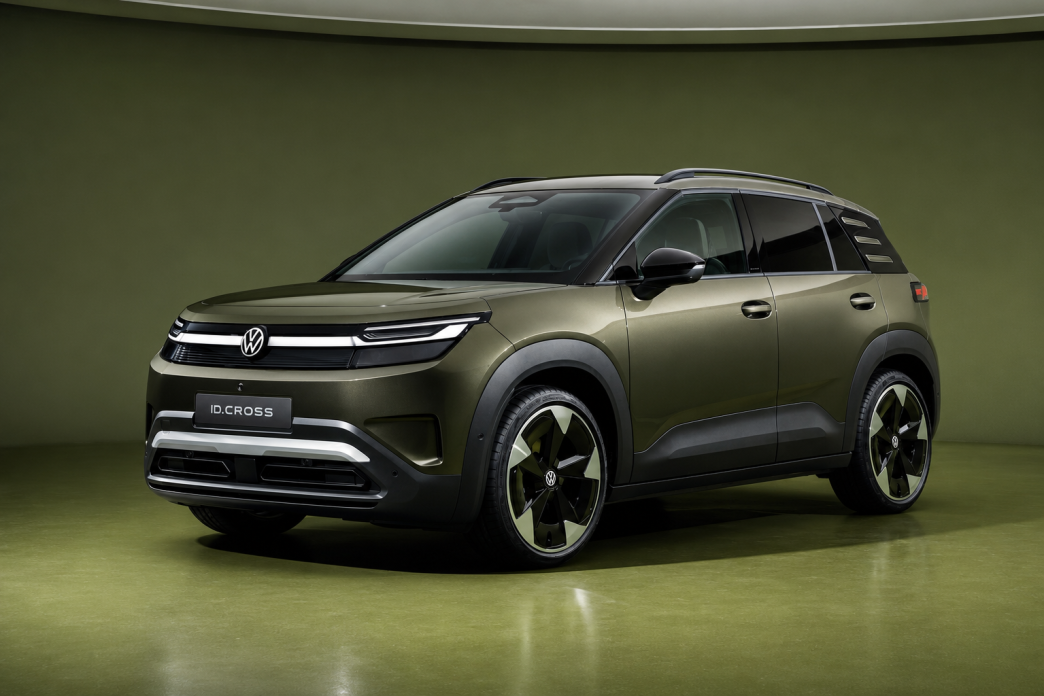Volkswagen ID. Cross verde em estúdio, visto de frente e de lado, com faróis em LED e rodas de liga leve.