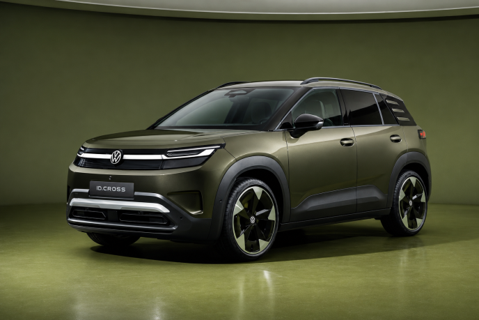 Volkswagen ID. Cross verde em estúdio, visto de frente e de lado, com faróis em LED e rodas de liga leve.