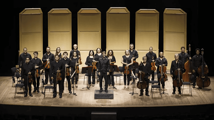 Integrantes da Orquestra SESIMINAS posam no palco com violinos, violas, violoncelos e contrabaixos, diante de painéis acústicos.