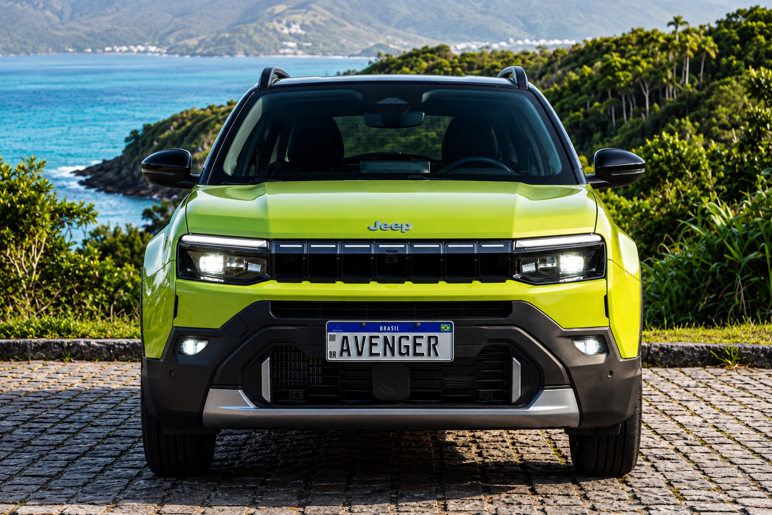 Vista frontal do Jeep Avenger verde, com grade de sete fendas, faróis de LED acesos, para-choque robusto e paisagem litorânea ao fundo.
