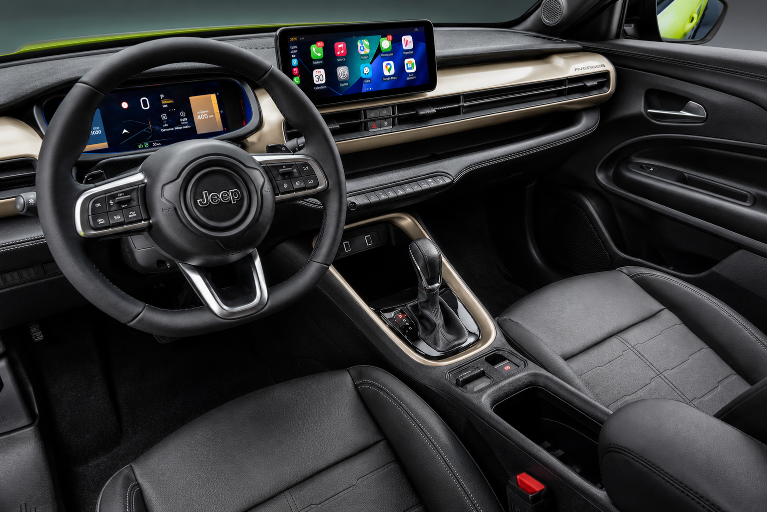 Interior do Jeep Avenger com volante multifuncional, painel de instrumentos digital, central multimídia de 10 polegadas, câmbio automático e bancos dianteiros.