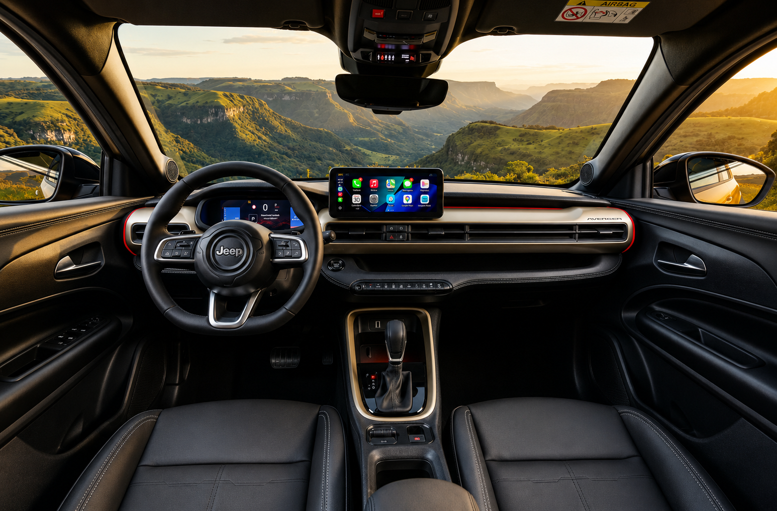 Interior do Jeep Avenger visto dos bancos dianteiros, com volante multifuncional, painel digital, central multimídia de 10 polegadas e console central com câmbio automático.