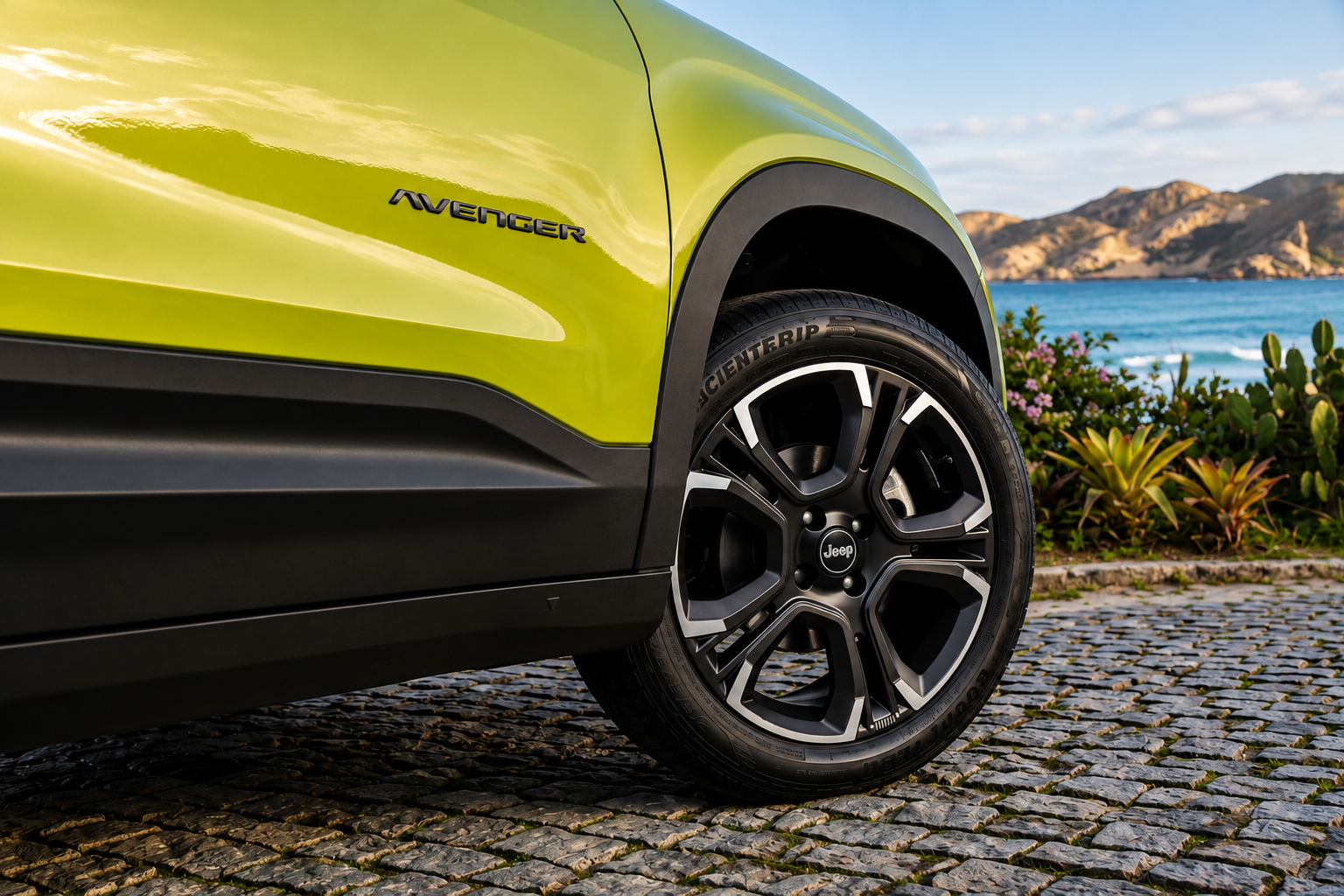 Detalhe da roda de liga leve do Jeep Avenger verde, com acabamento preto e diamantado, moldura plástica da caixa de roda e logotipo Avenger na lateral.