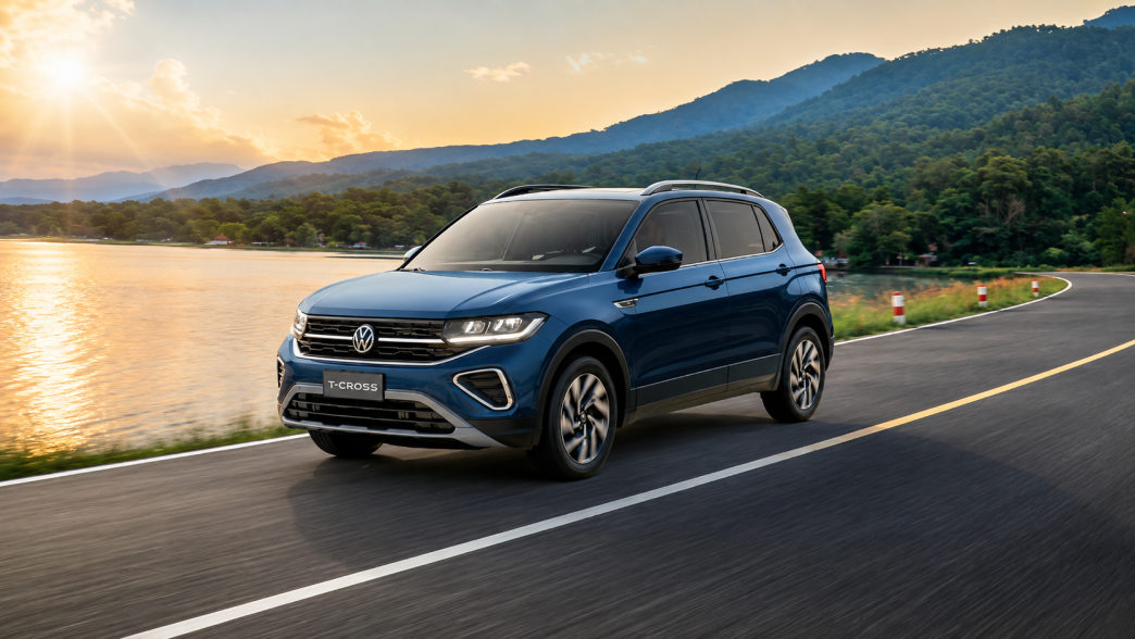 Volkswagen T-Cross azul em movimento por uma estrada, com faróis acesos, rodas de liga leve e paisagem montanhosa ao fundo.