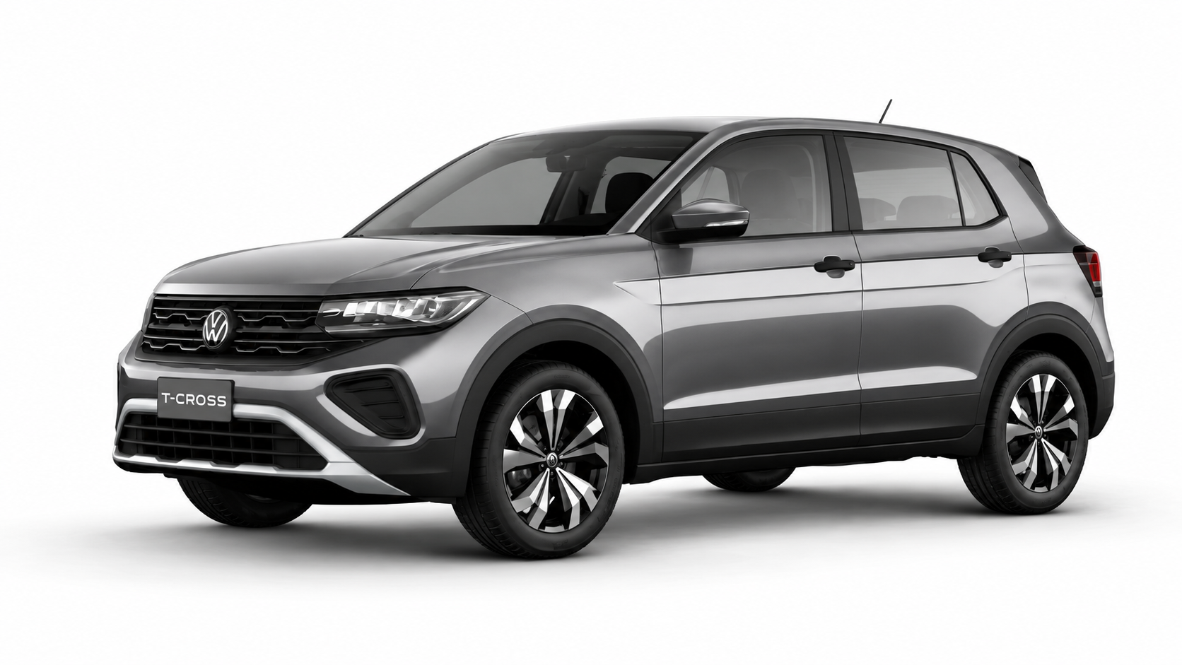 Volkswagen T-Cross 2027 cinza visto de frente e de lado, com rodas de liga leve, faróis em LED e carroceria de perfil elevado.