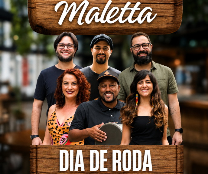 Integrantes da banda Dia de Roda posam em imagem promocional com referências ao Edifício Maletta.