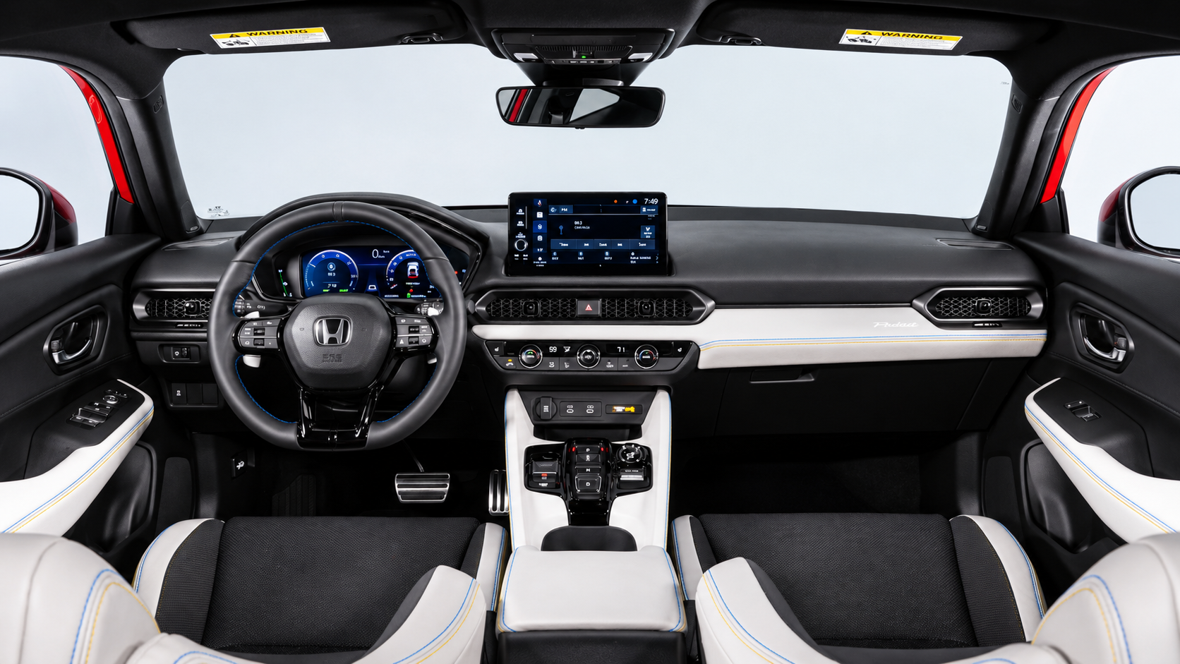 Painel do Honda Prelude 2026 com quadro de instrumentos digital, central multimídia, volante multifuncional e console central.