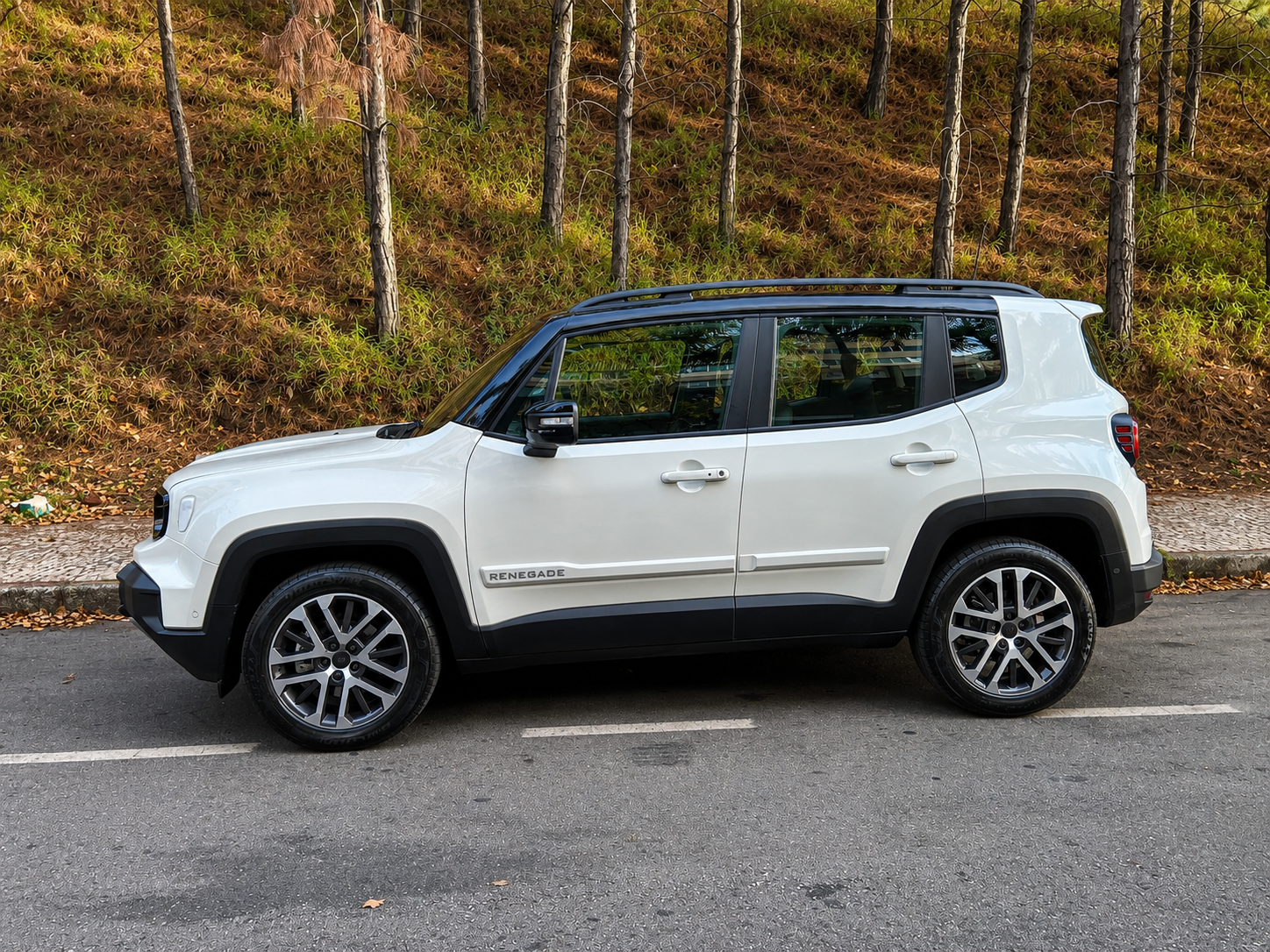 Jeep Renegade Sahara MHEV branco visto de perfil, com teto preto, barras longitudinais, rodas de liga leve e molduras escuras nas caixas de roda.