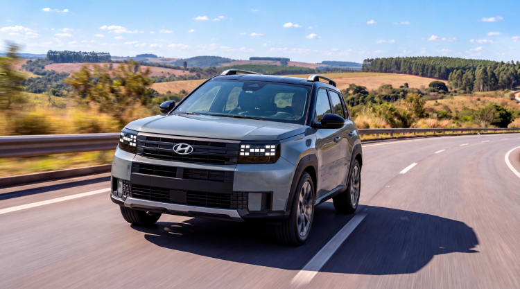 Novo Fiat Argo X cinza circula em rodovia durante etapa de testes e validação antes do lançamento no Brasil.