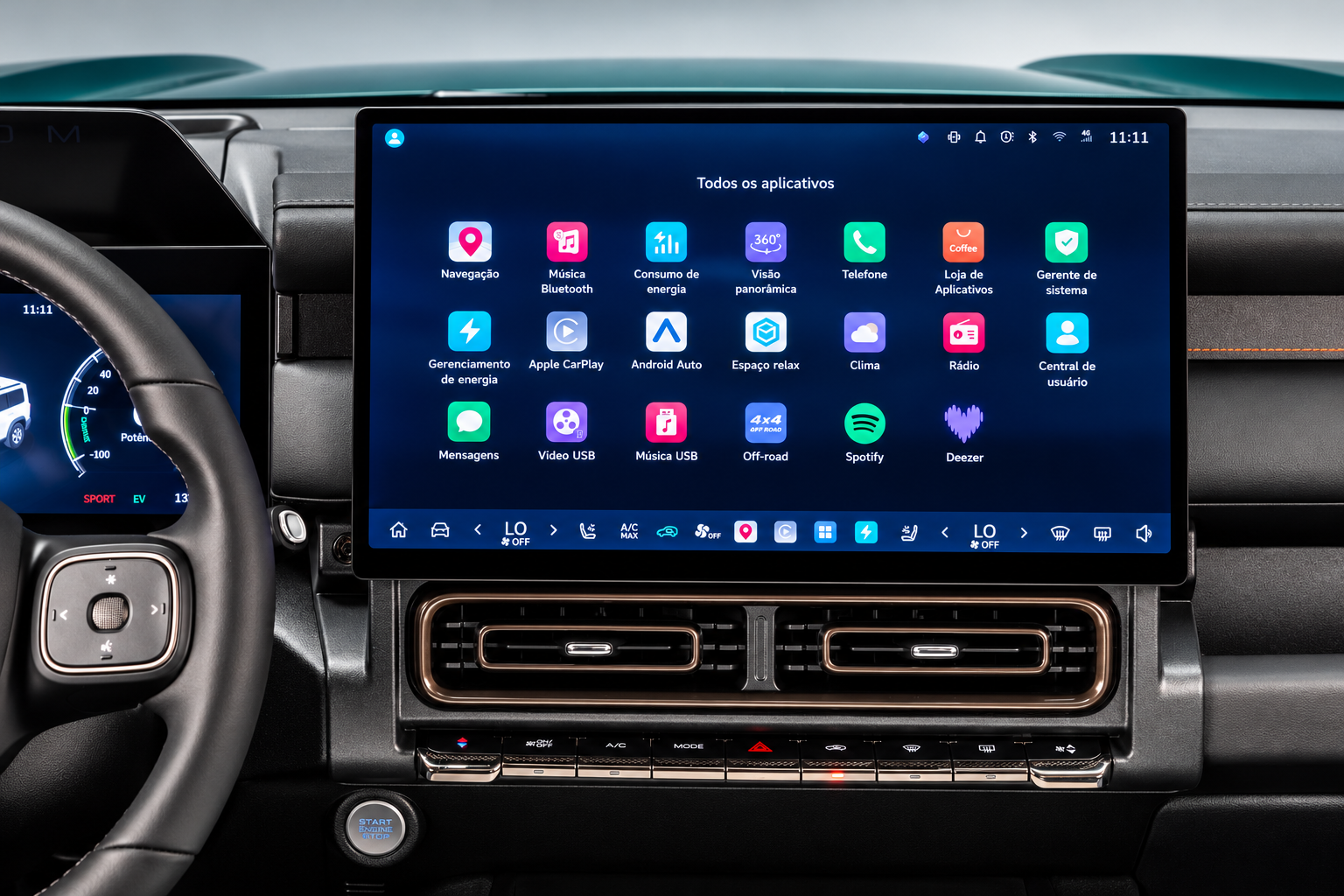 Central multimídia de 15,6 polegadas do GWM Haval H7 híbrido plug-in flex, com sistema Coffee OS, aplicativos Apple CarPlay, Android Auto, Spotify, Deezer, navegação, climatização e gerenciamento de energia.